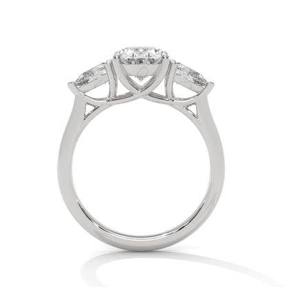 Elegant Oval-Cut Three-Stone Diamond Engagement Ring with Pear Side Stones